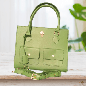 "Green handbag with dual front pockets, gold-tone hardware, and detachable shoulder strap – Stylish ladies’ purse for everyday use"