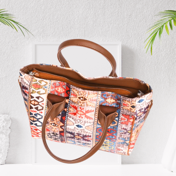 Velvet Bag Multi Colour Brown – Ethnic Printed Handbag with Long Strap, 8.5x10.5x4.5 inches