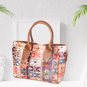 Velvet Bag Multi Colour Brown – Ethnic Printed Handbag with Long Strap, 8.5x10.5x4.5 inches