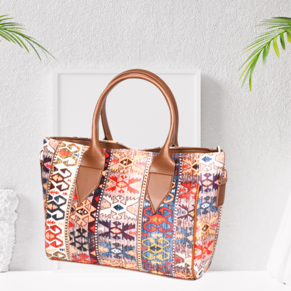 Velvet Bag Multi Colour Brown – Ethnic Printed Handbag with Long Strap, 8.5x10.5x4.5 inches