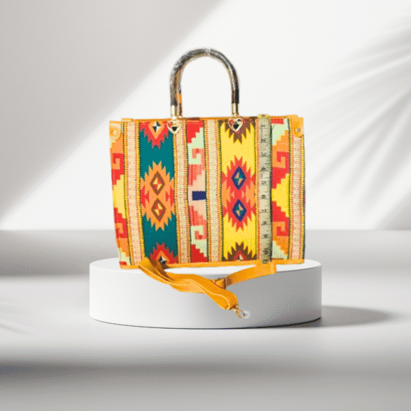 Colorful tribal pattern handbag with yellow tones, acrylic handle, and shoulder strap displayed on a white platform