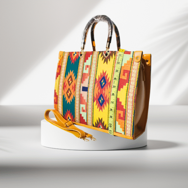 Colorful tribal pattern handbag with yellow tones, acrylic handle, and shoulder strap displayed on a white platform